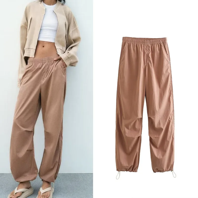

TRAF 2023 Women's Fashion Casual Nylon Pants Vintage Elastic Waist Baggy Pants Y2k Trousers Woman Clothing Pocket Pant Summer
