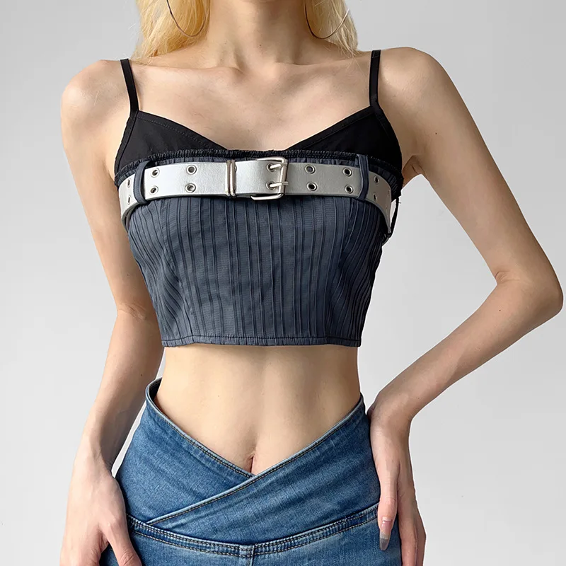 

Y2k топы, женские металлические короткие майки с ремнем с пряжкой, женский укороченный топ неправильной формы, жилет с пряжкой, подтяжки с бюстгальтером