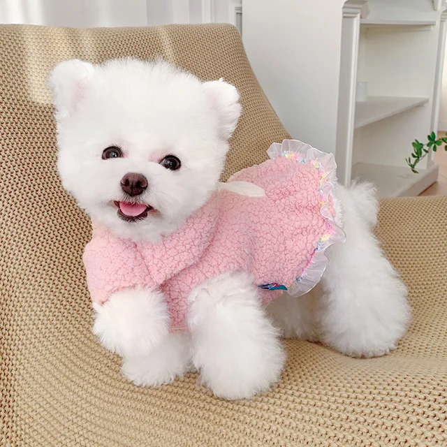 Pink Fleece Girl Pet Dresses Dog Clothes Autumn Winter Thicken Warm Chihuahua Maltese Cat Coat Jacket Costumes Puppy Animal Pugs 3