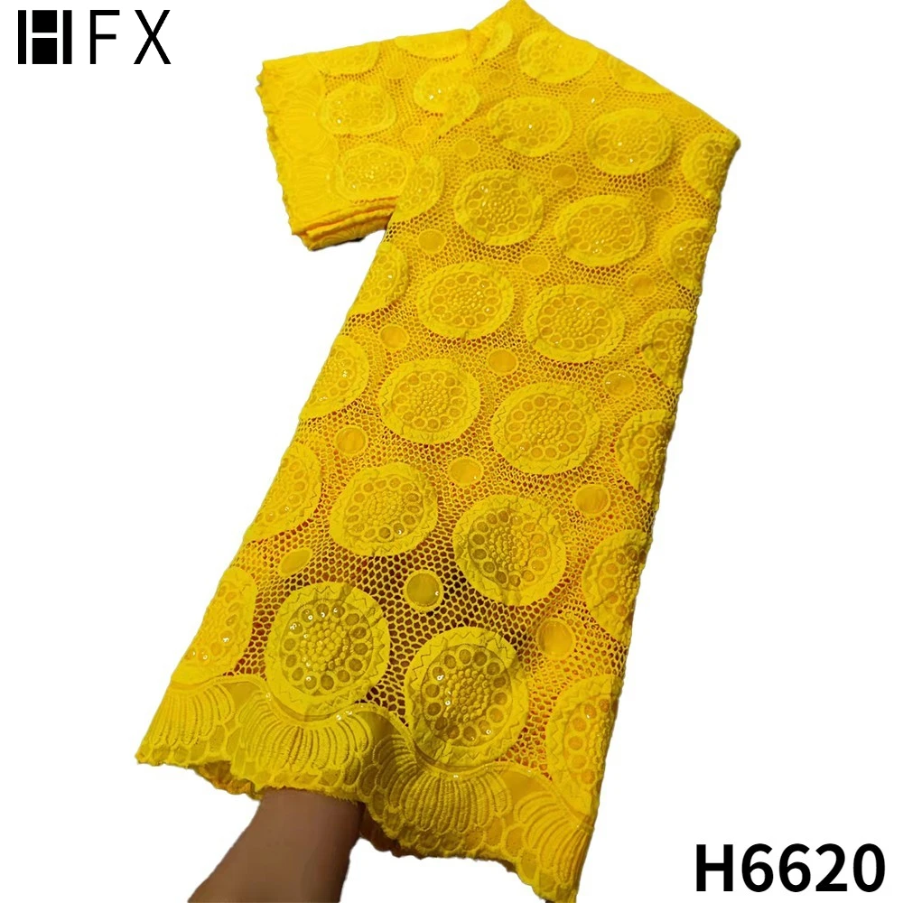 

HFX Yellow Cord Lace Fabrics 2022 African Sequins Chiffon Guipure Lace Fabric High Quality Embroidery French Tulle Lace F6620