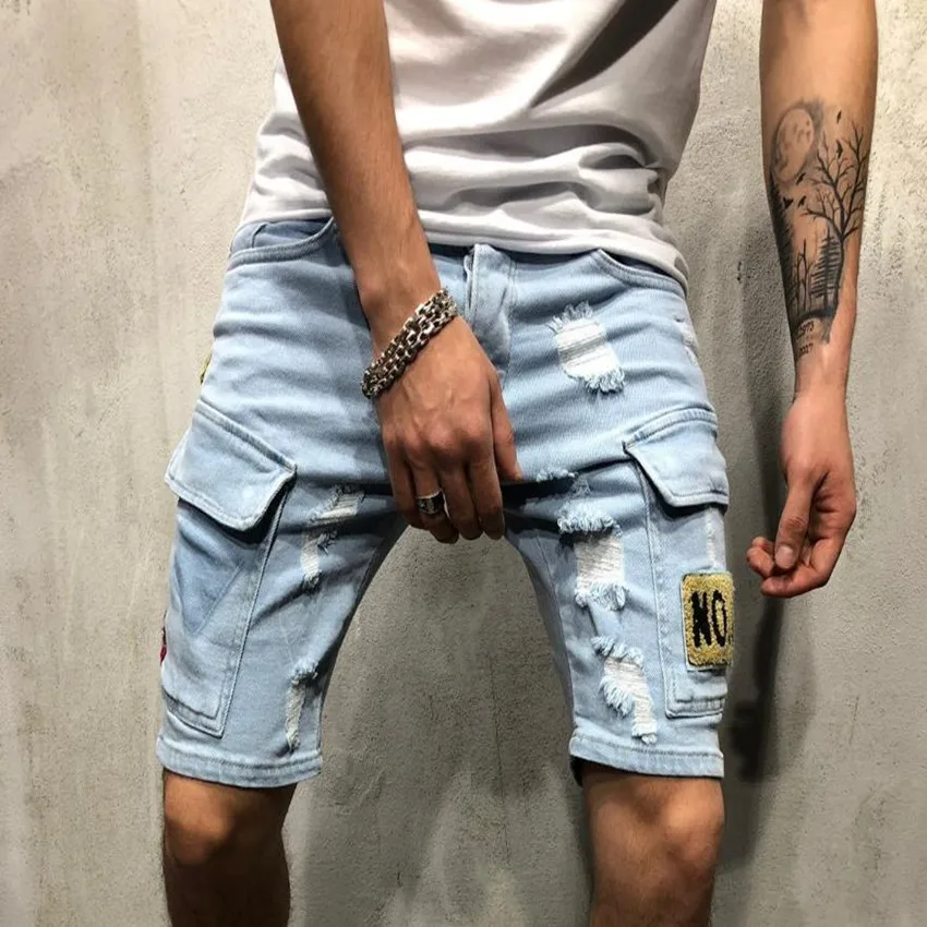 2023 Summer New ripped jeans shorts Men Vintage Stretch Straight Short Jeans Badge Pockets Hole Slim Denim Shorts Male Clothes