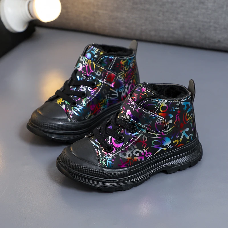 Зимняя детская обувь Теплые плюшевые ботинки для девочек Модная верхняя одежда с