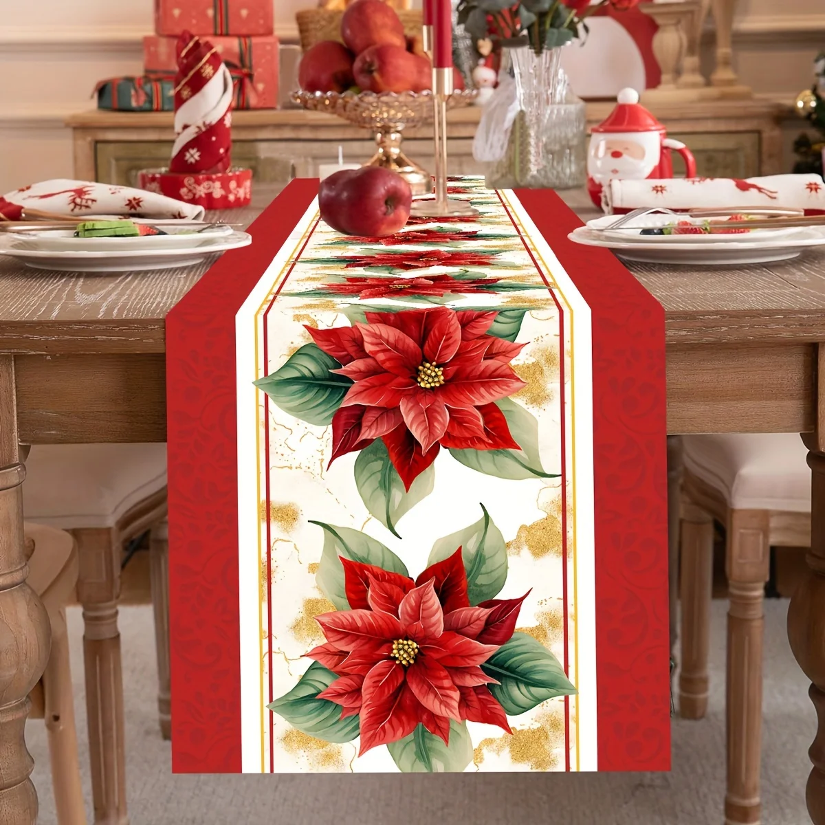 Рождественские цветы пуансеттии льняная дорожка для стола комод шарф