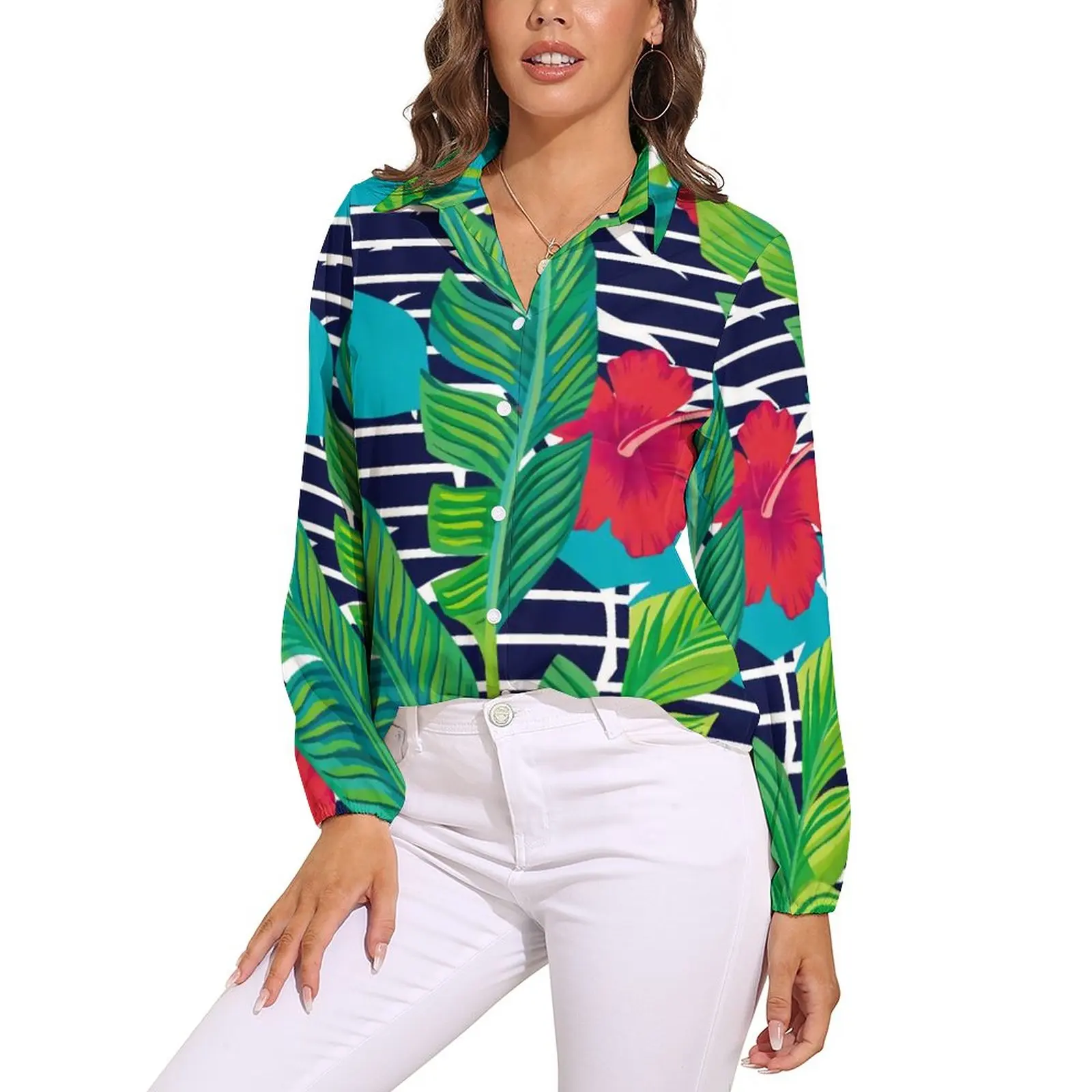 

Funny Palm Leaves Blouse Black And White Stripes Red Flower Kawaii Print Blouses Long-Sleeve Streetwear Shirt Oversized Clothes