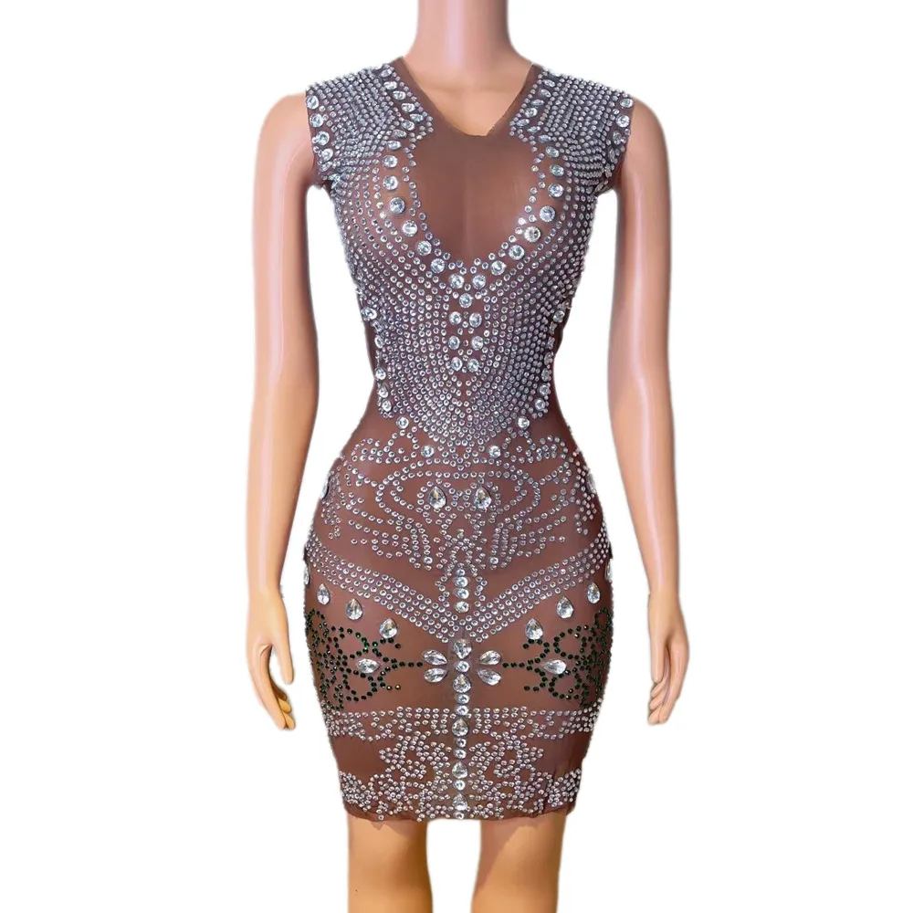 

Brown Sleeveless Shining Rhinestones Crystal Sexy Dress For Women Nightclub Party Clothing Singer Stage Costume Prom Wears
