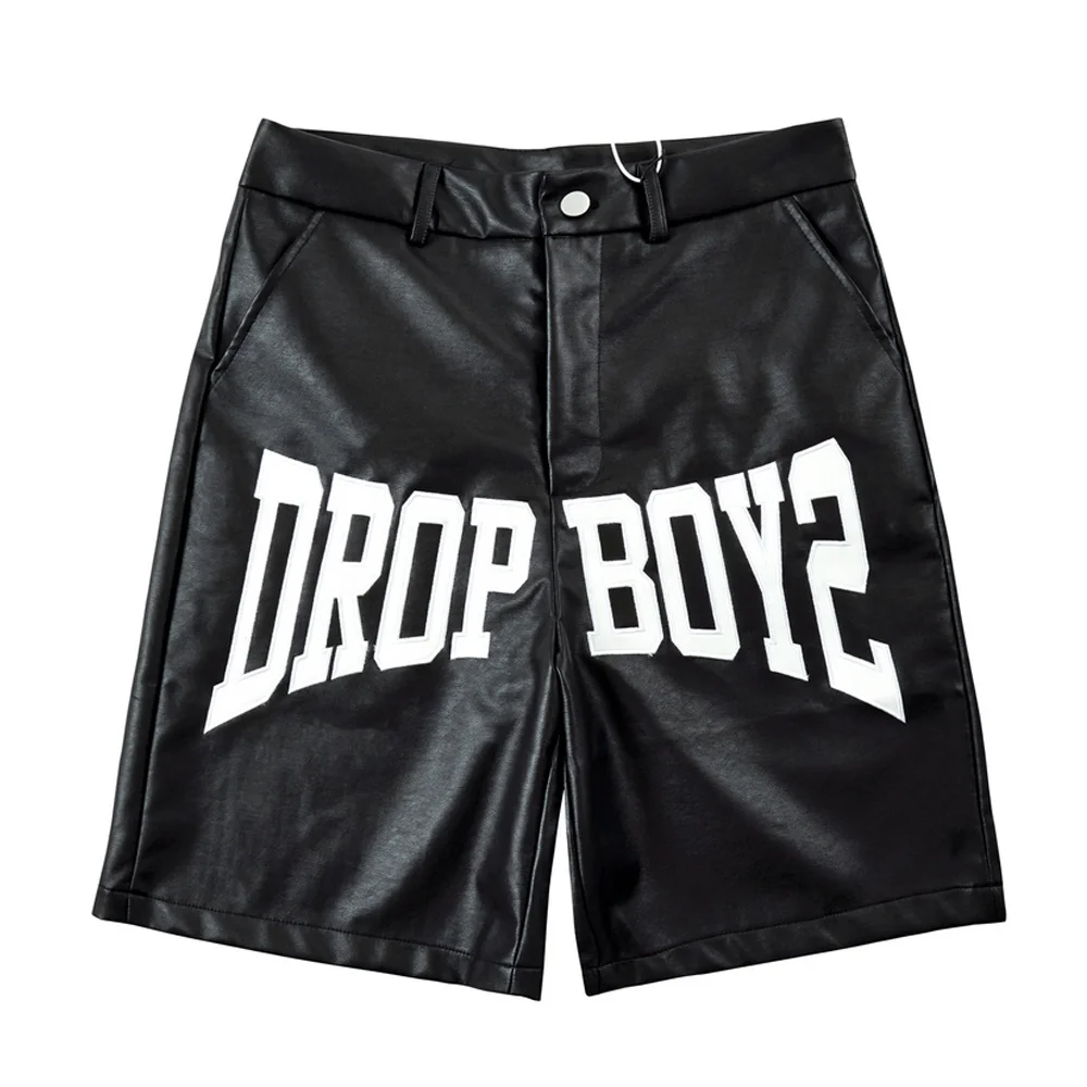 

2022 Men Streetwear Hip Hop Leather Shorts for Men Pockets Men's Embroidered Letters PU Leather Shorts Men Bottoms