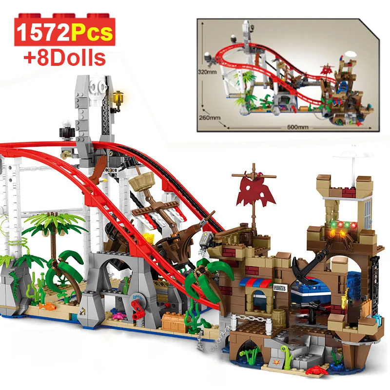 

Creative Caribbaned 1572Pcs Pirate Roller Coaster Model Building Blocks Amusement Park With Figures Lights Bricks Toys Kids Gift