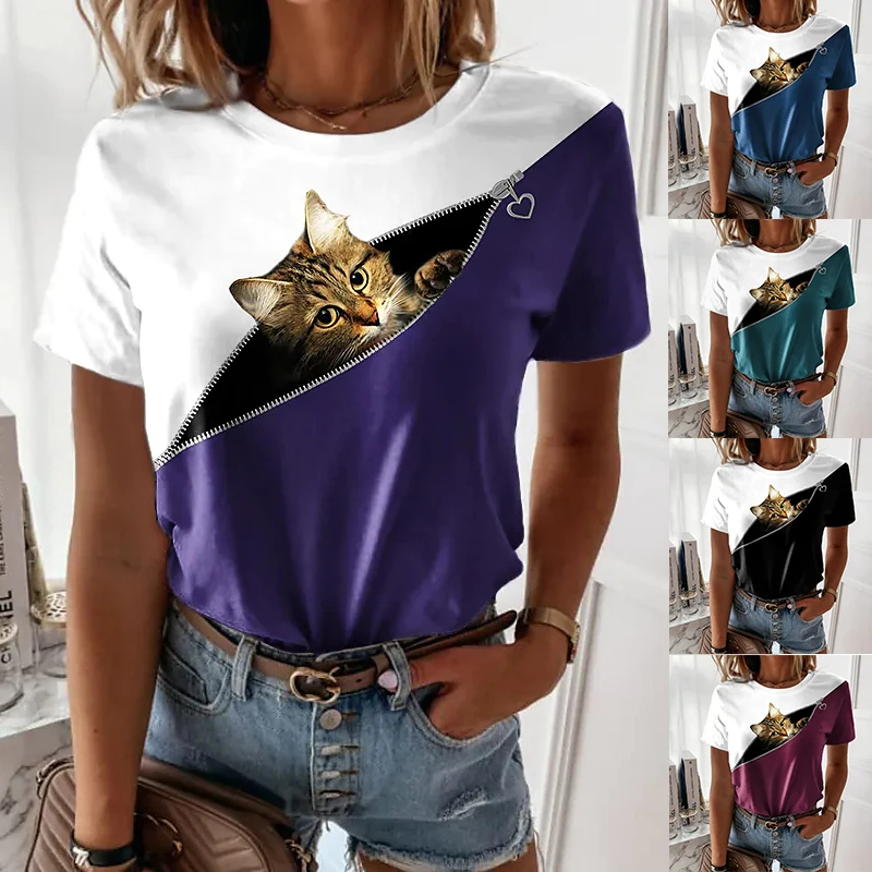 

Women's 3D Cat Painting T Shirts Cat 3D Printing Crew Neck Basic Tops 2022 Summer Casual Plus Size T Shirts Green Black Purple