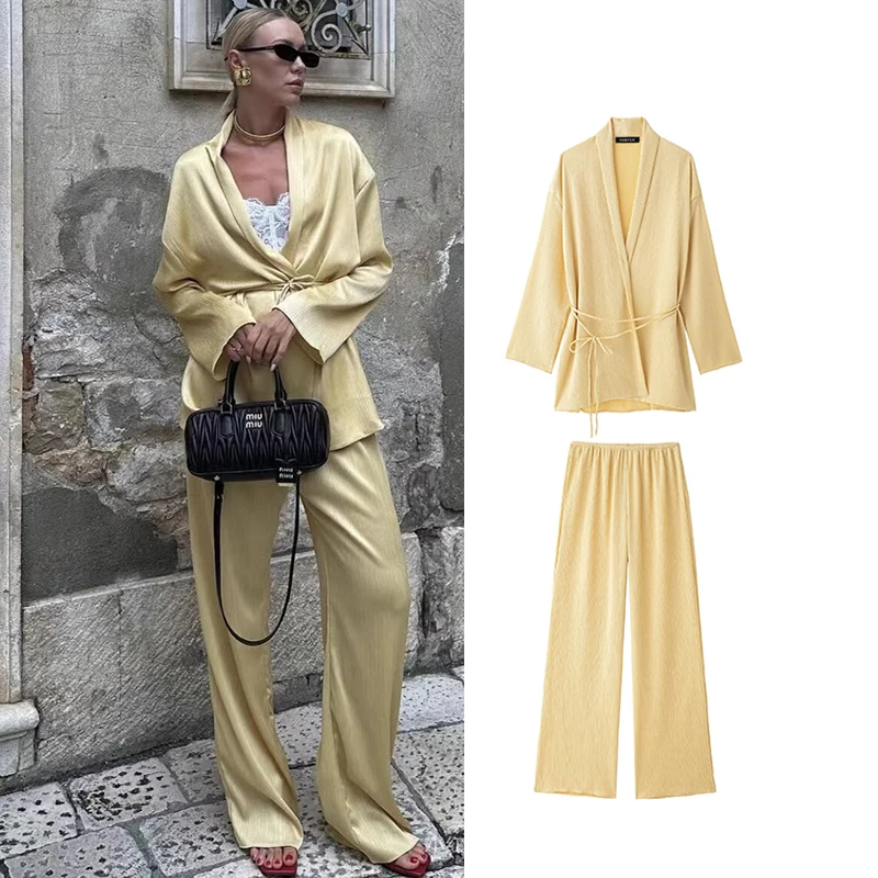 Женский осенний повседневный комплект TRAF с поясом v-образным вырезом высокой