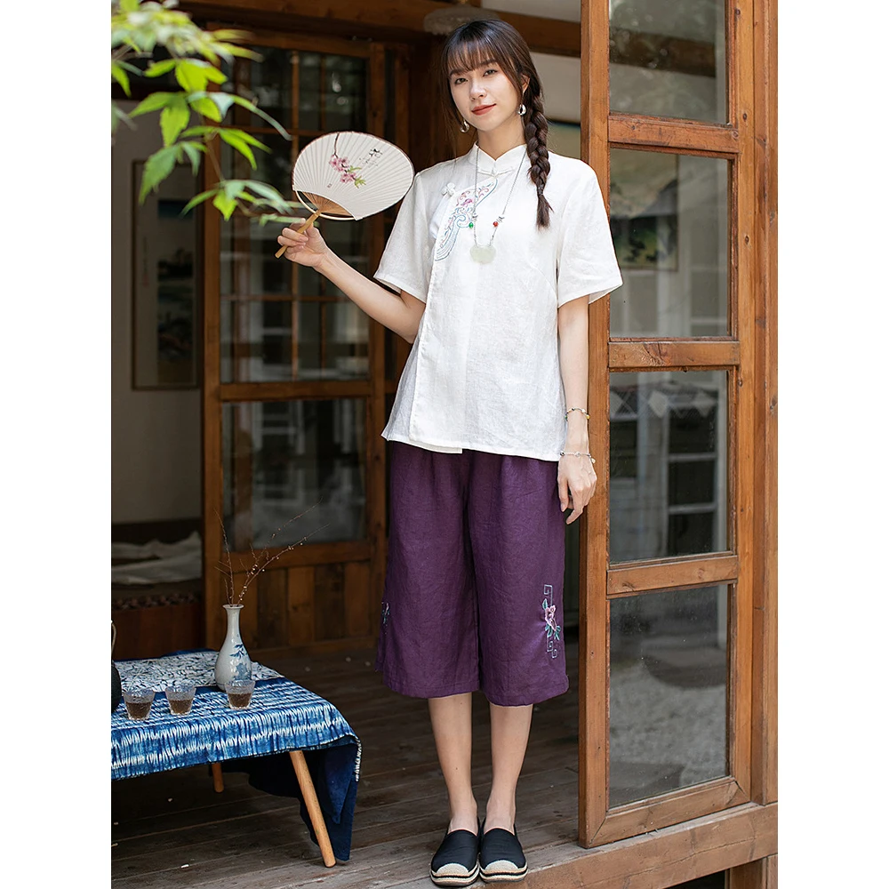 

2022 Chinese Traditional Handmade Buttons Pants For Women Summer Retro Linen Floral Embroidery Pants Fashion Loose широкие штаны