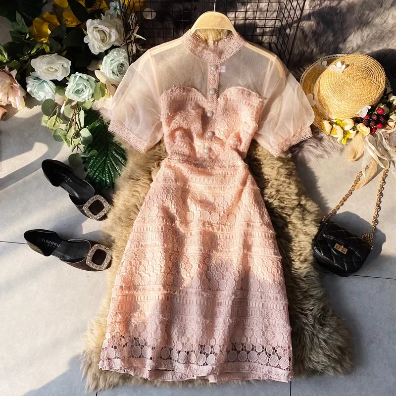 

Женское Сетчатое кружевное платье в стиле пэчворк, летнее платье с вырезом и коротким рукавом