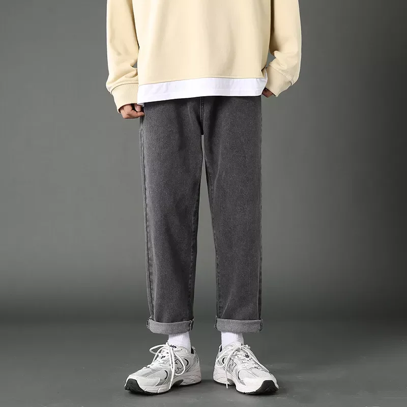 

2022 Spring New Men's Denim Cropped Pants Korean Fashion Style Loose Skinny Jeans Male Light Blue Dark Grey