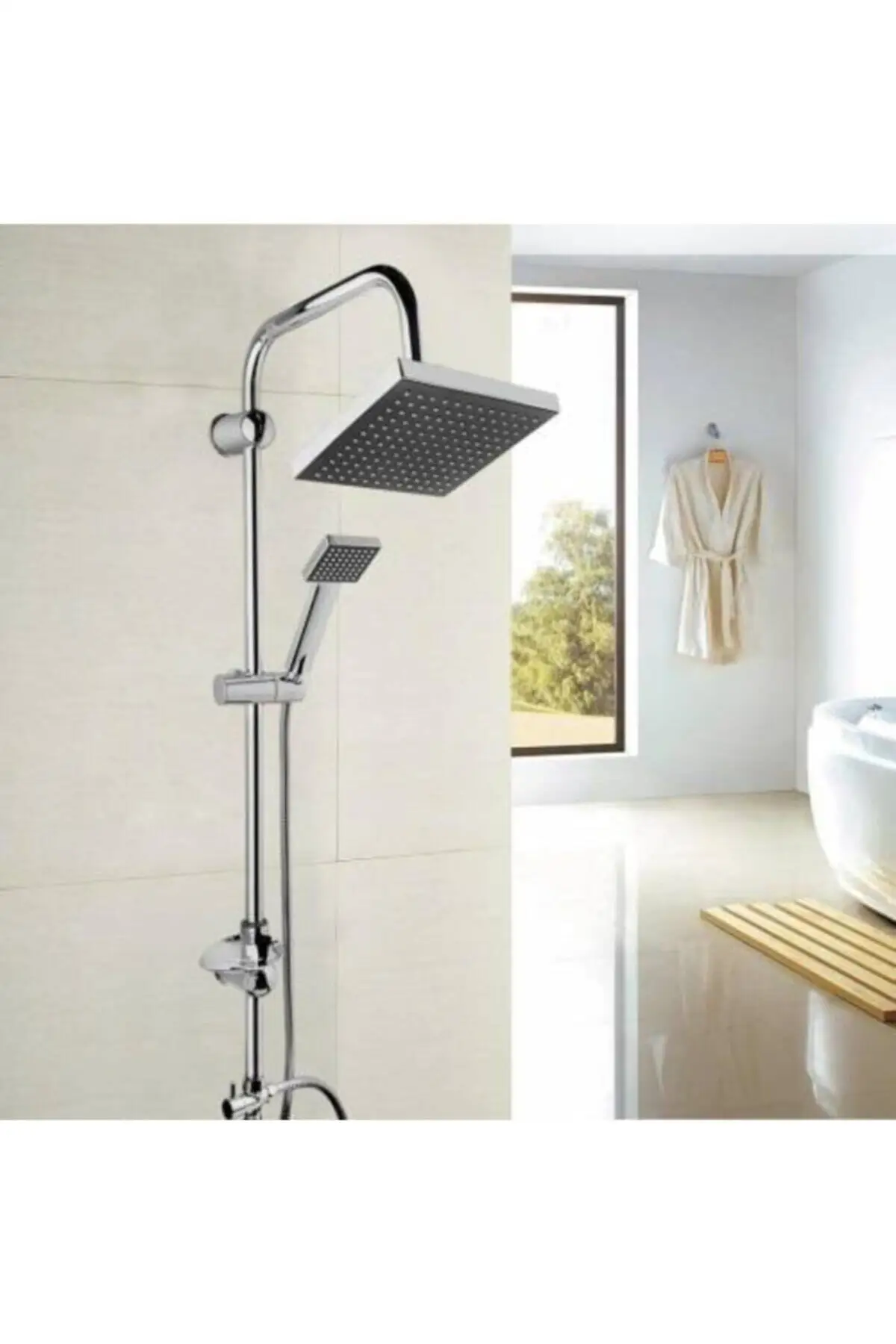 

Rain Shower heads system including rain fall shower head and handheld shower head with height adjustable holder, (chrome plated)