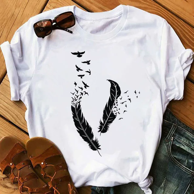 

Spring, Summer, Short Sleeve T-shirt Printing Feathers Loose Big Yards Dreamcatcher Round Collar Dress Clothes Women Clothes