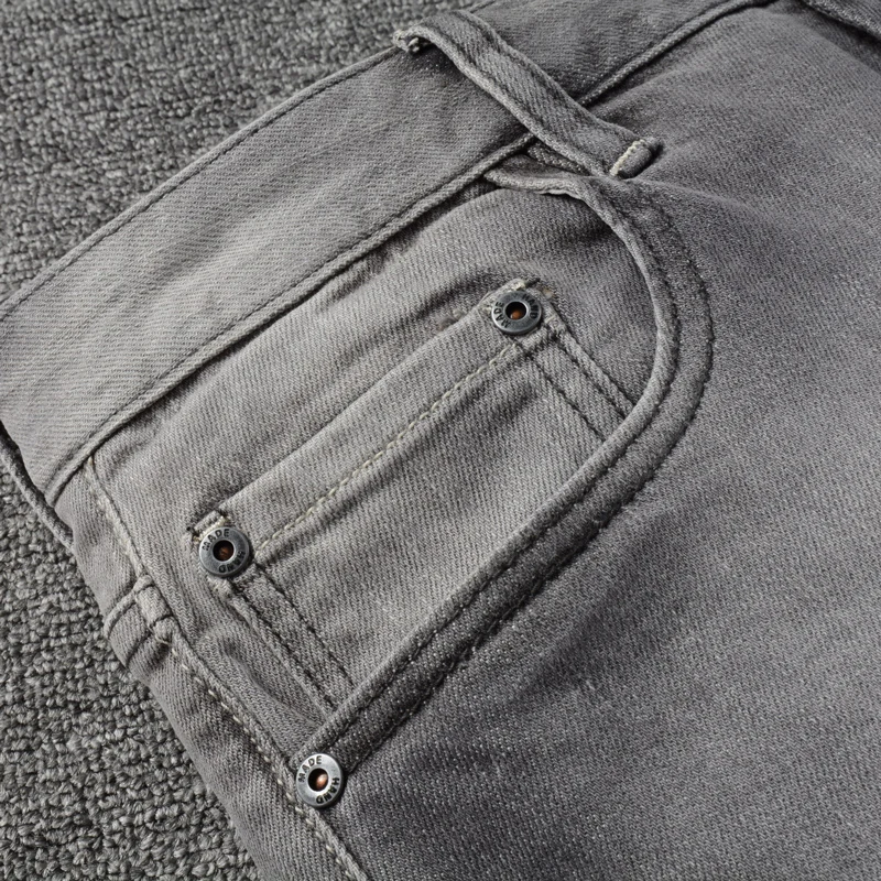European Vintage Fashion Men Jeans High Quality Retro Gray Elastic Slim Jeans Men Denim Trousers Simple Designer Pants Hombre