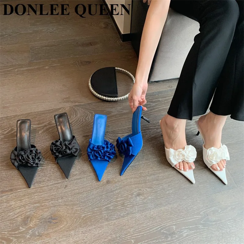 

Шлепанцы женские с цветочным принтом, пляжные сандалии на высоком каблуке, заостренный носок, для отдыха, летняя обувь для вечеринки, свадьб...