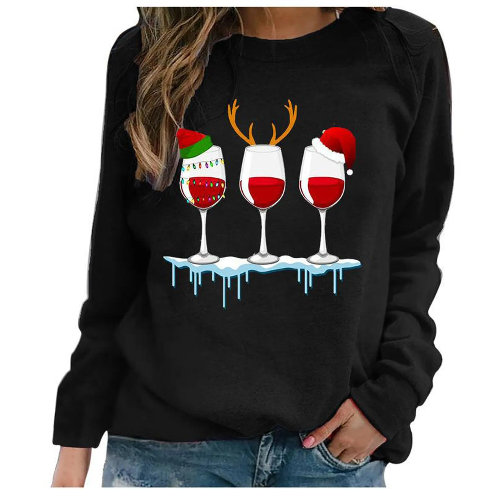 

Women'S Christmas Hat Print Round Neckline Long Sleeve Pullover T-Shirt Top Hoodie Korean Solid Color Sweatshirts Round Neck