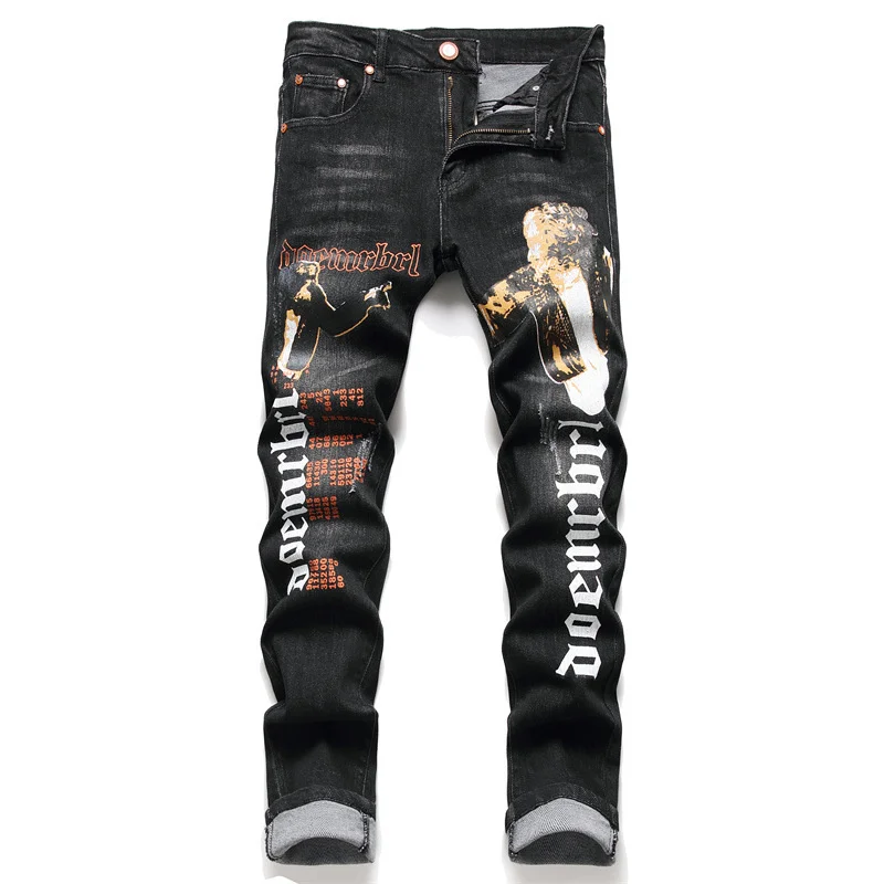 

Graphic Jeans European Letter Printed Jeans Men Straight Elastic Charactor Jeans Black Men Casual Party Club Jeans Trousers Men