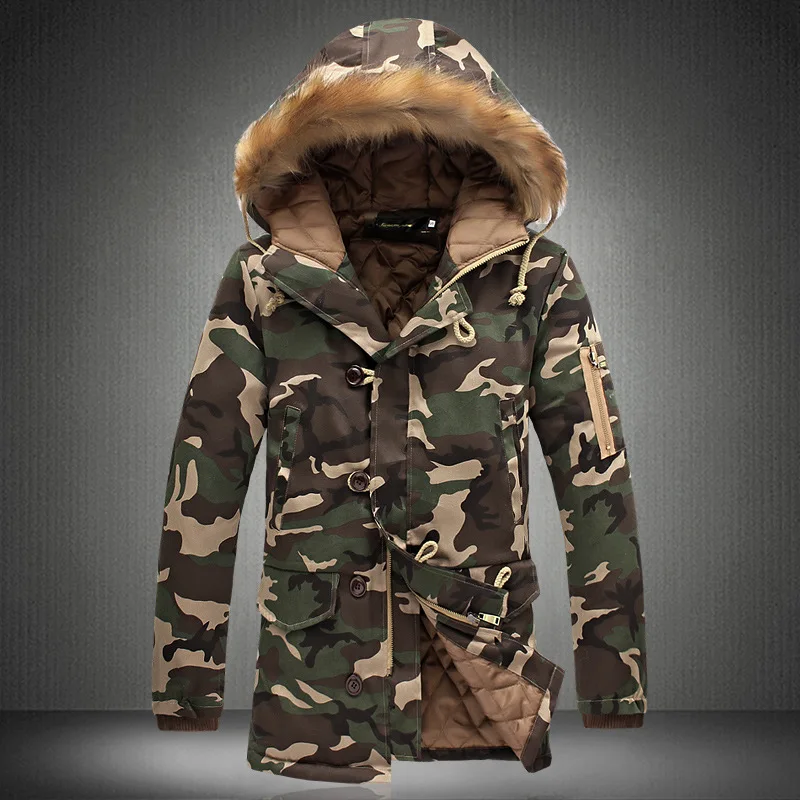 Fashion Winter Thick Warm Jacket Camouflage Parkas Men Brand Big Fur Collar Plus Size Cotton Coats Mens Mid Long Coat Homme 5XL