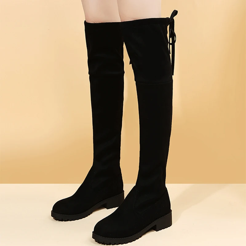 Женские сапоги-Челси выше колена теплые зимние сапоги на низком каблуке плоской
