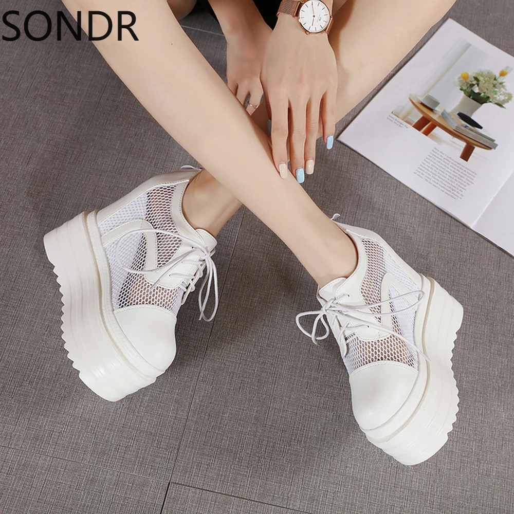 

Womens Platform Mesh Lace Up Wedge Super 15CM High Heel Sandals Sneakers Shoes Breathable Summer Black White