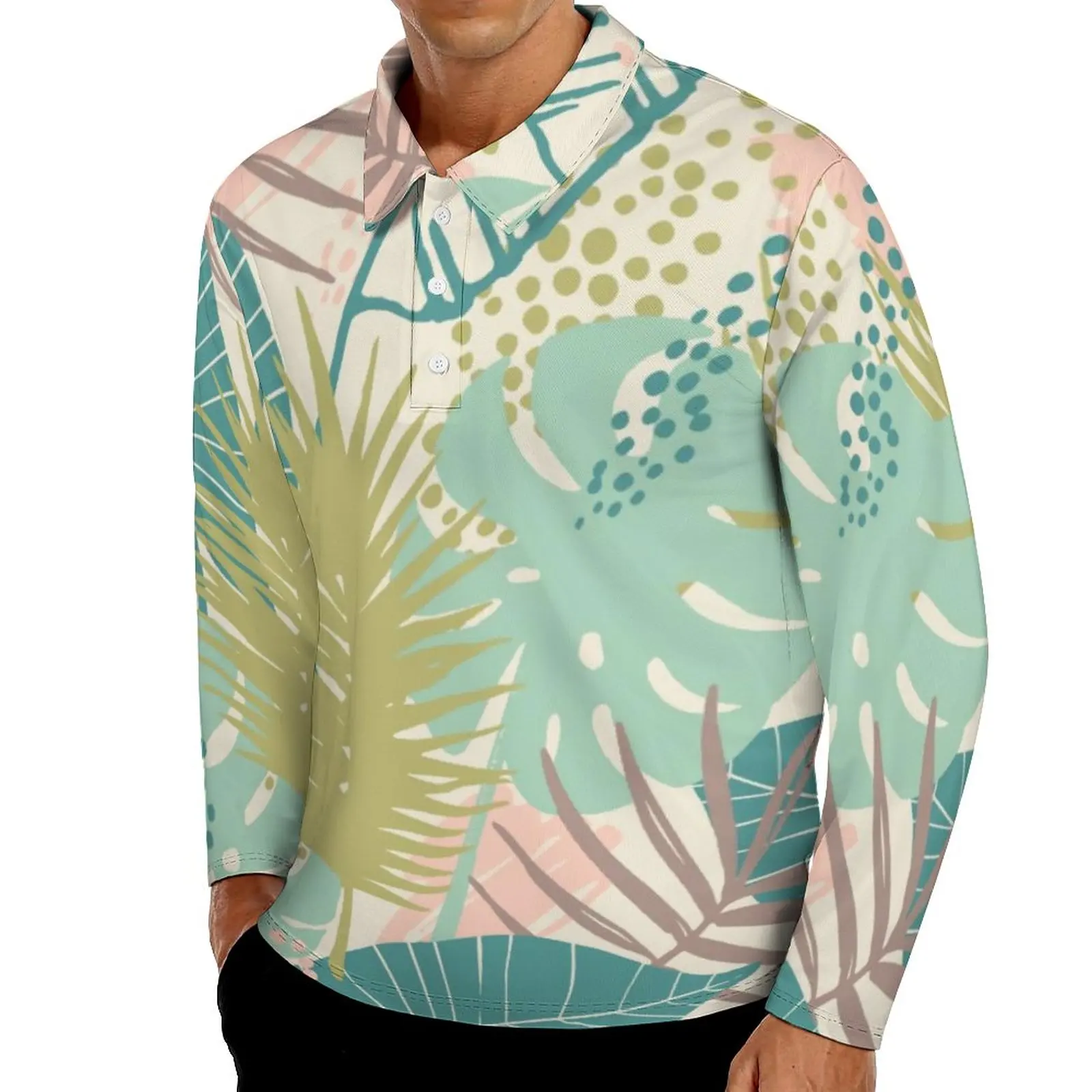 

Рубашка-поло мужская оверсайз с длинным рукавом, модная сорочка с ярким тропическим принтом, с абстрактным принтом листьев, Повседневная фу...
