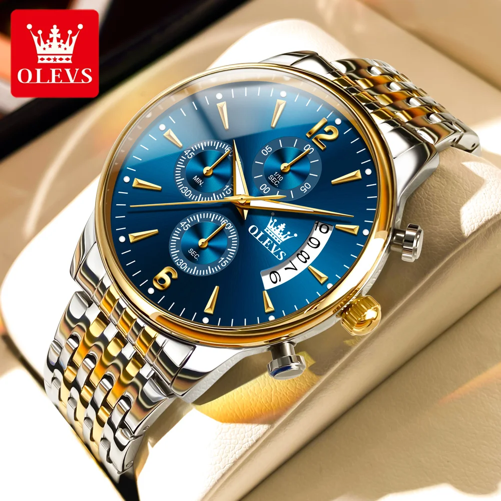 

OLEVS Business Sports Mens Watches Stainless Steel Strap Chronograph Waterproof Luminous Multi-functional Quartz Male Wristwatch