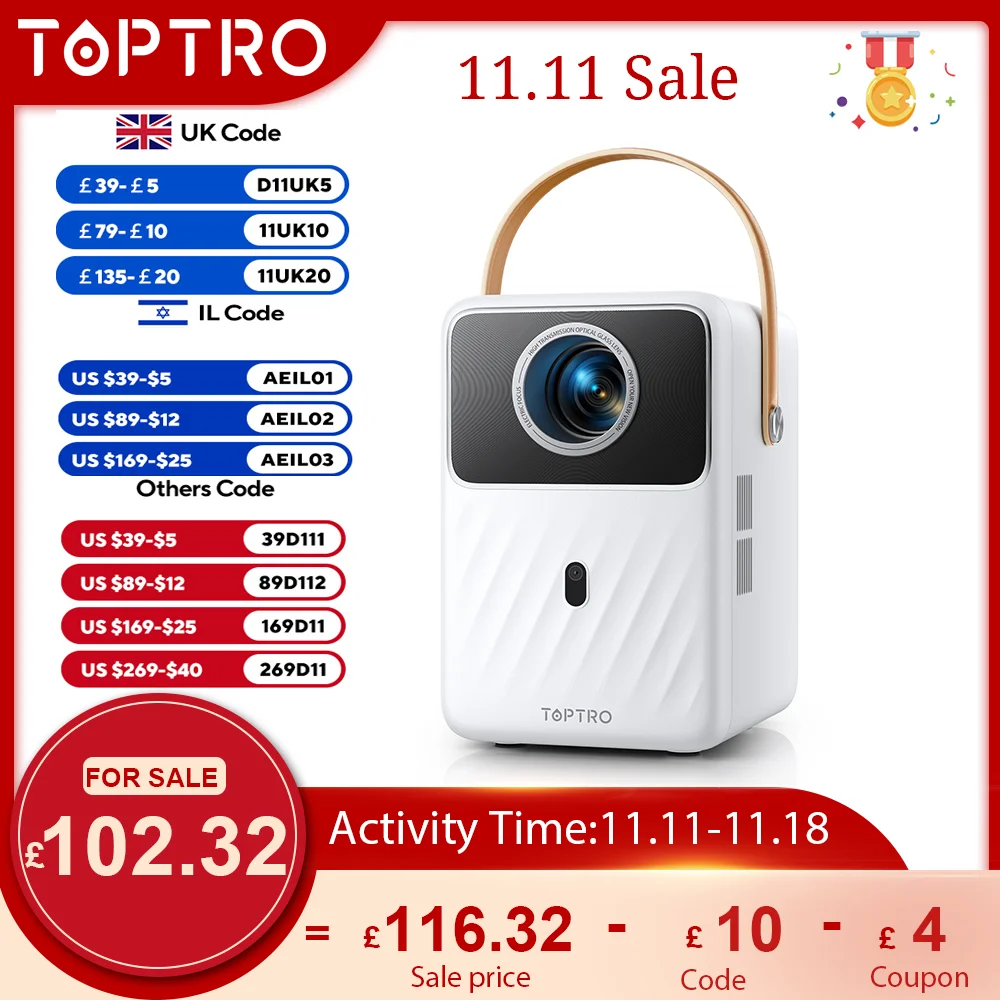 Портативный проектор TOPTRO Full HD 1080P с поддержкой 400ANSI Android 9 0