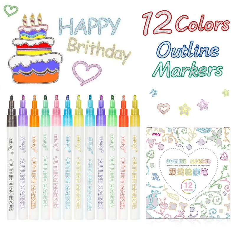 8/12 Color Fantasy Double Line Outline Pen DIY Hand Account Multicolor Christmas Pen Greeting Card Marker Highlighter PVC Box