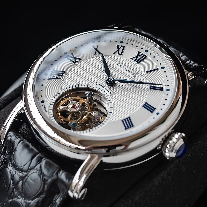 

Tourbillon Mechanical Sapphire Mechanical Men's Watch Seagull ST8000 Movement Manual Men Watch Business Crocodile Leather Watch