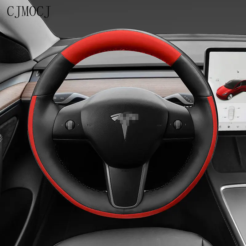 

Cover Customized Hand-Stitch Leather Suede Car Steering Wheel Cover for Tesla MODEL 3 MODEL Y Interior Auto Accessories