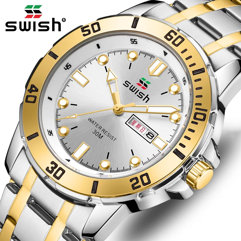 Fashion Mens Sports Watches Luxury Stainless Steel Quartz Wrist Watch Dual Calendar Silver Gold Man Clock Relogio Masculino Blue