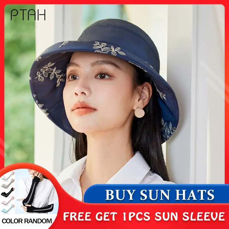 

[PTAH] Summer Empty Top Hats Women Sun Caps Portable Beach Wide Brim Sun Hat Fashion Casual Cap Sunbonnet Travel Party Caps Girl