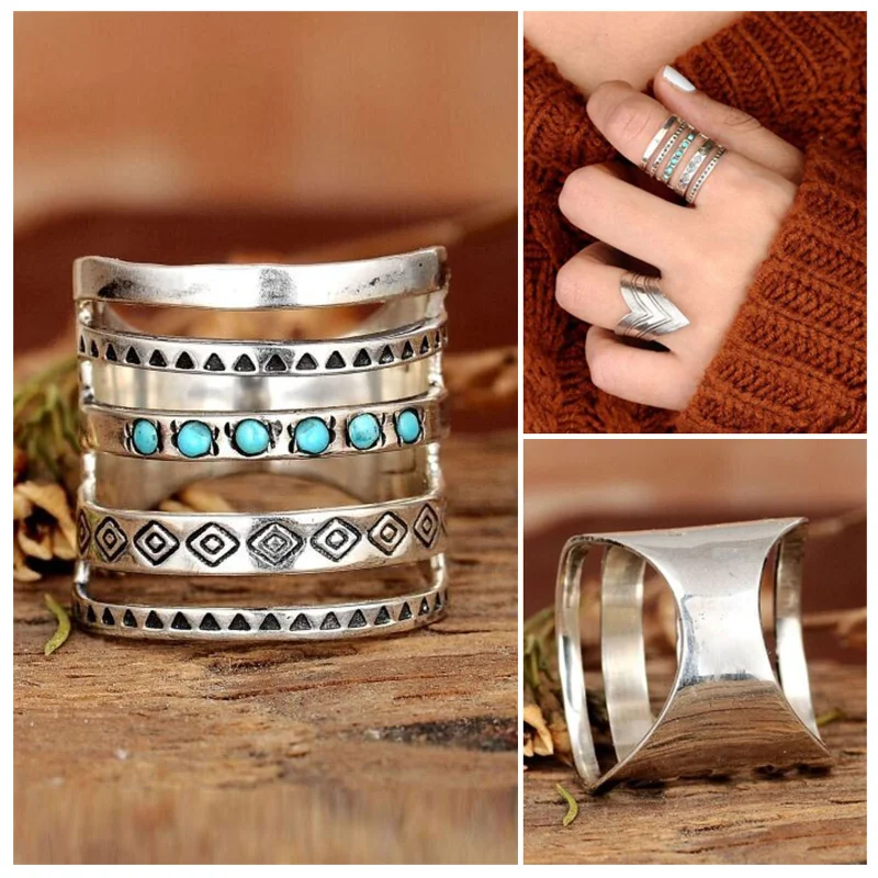 

Retro Boho Bohemian Turquoise Ring Women's Multilayer Hollow Silver Rings Metal Fashion Vintage Wedding Jewelry Accessories Gift