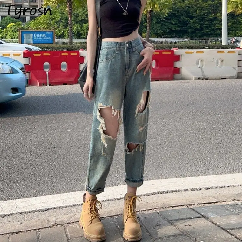 

Джинсы женские длиной до щиколотки, модные прямые винтажные повседневные уличные штаны с дырками в Корейском стиле, с высокой талией, для отдыха, лето
