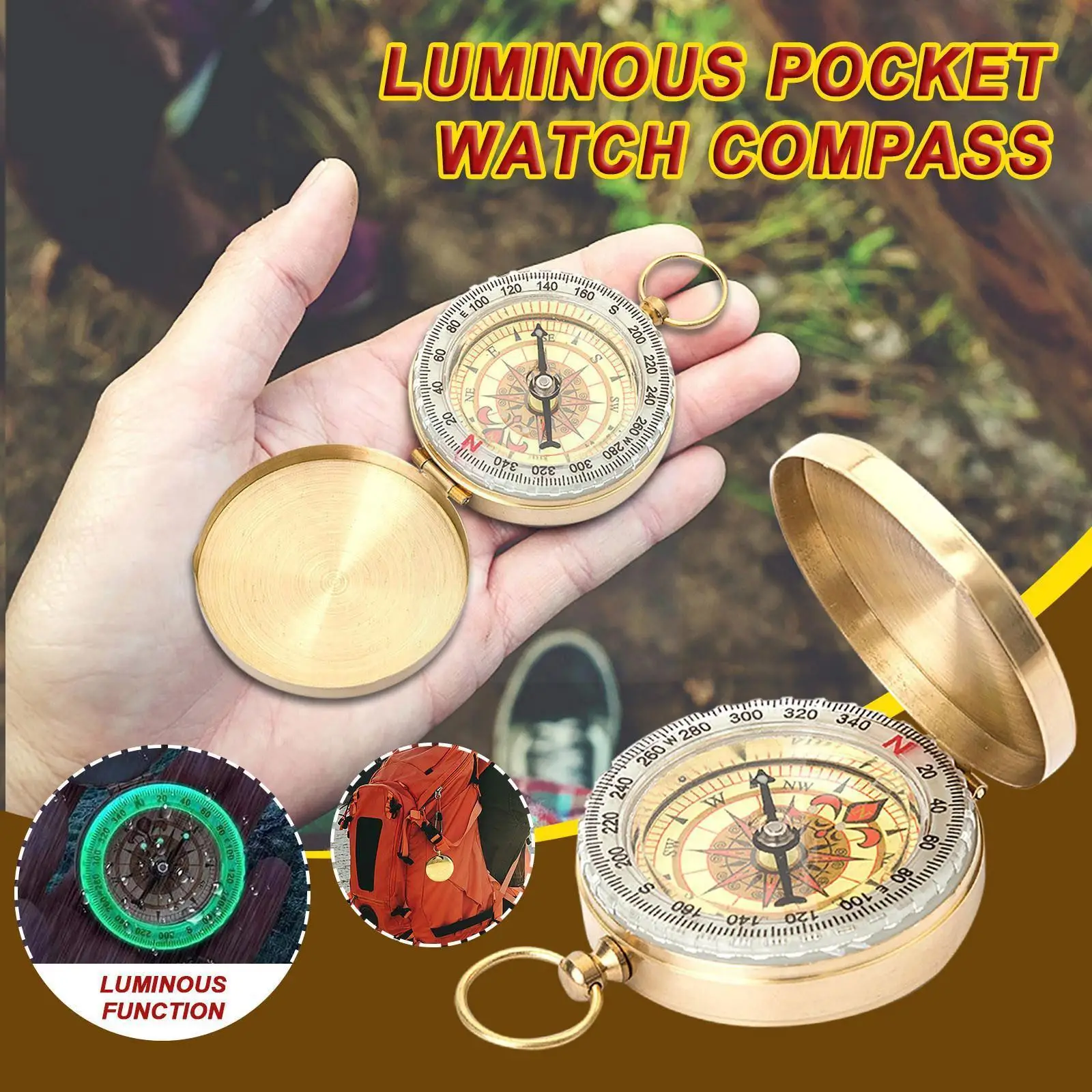 

Luminous Compass Camping Hiking Pocket Brass Golden Compass Portable Compass Navigation For Outdoor Activity Minus 20°C To Y8T9