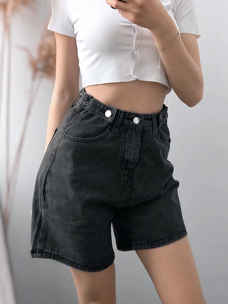 2022 New Summer Women Button Wigh Leg Jeans Shorts Casual Female High Waist Loose Fit Blue Denim Shorts