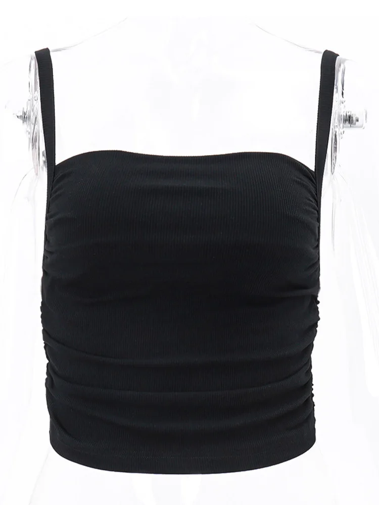 Топ на бретелях-спагетти с рюшами повседневный подходящий ко всему укороченный