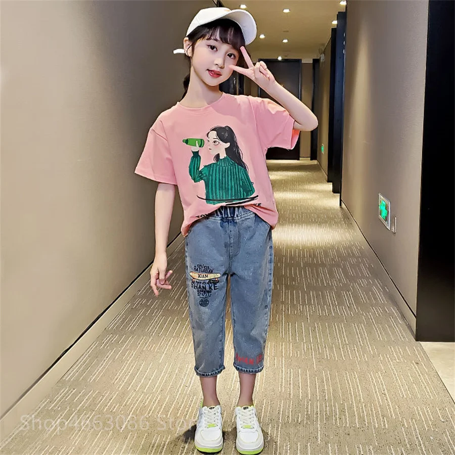 

Комплекты одежды для девочек-подростков, футболка в стиле пэчворк + джинсы, модные топы, джинсовые брюки, джинсы для девочек, одежда 6, 7 цветов