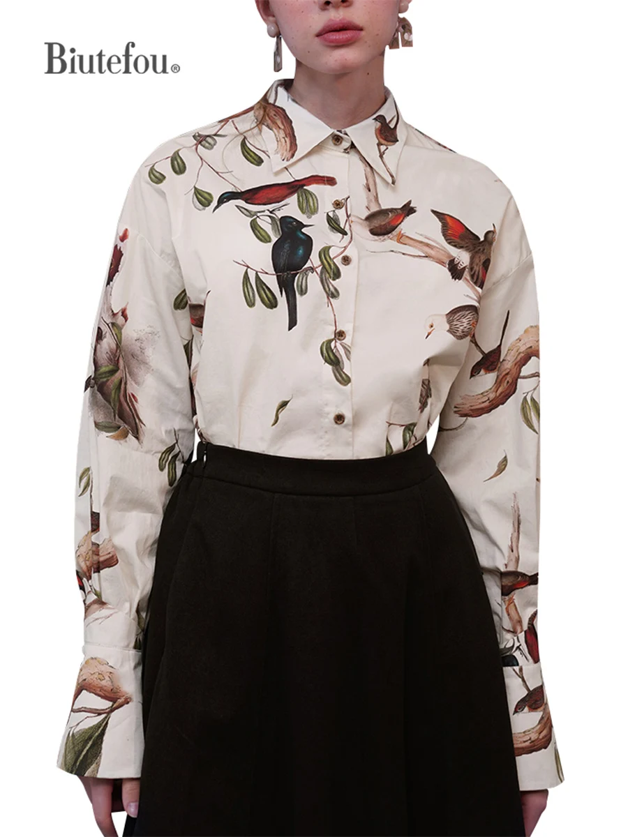 2022 Autumn Women Wonderful Bird On Branche Print Shirt