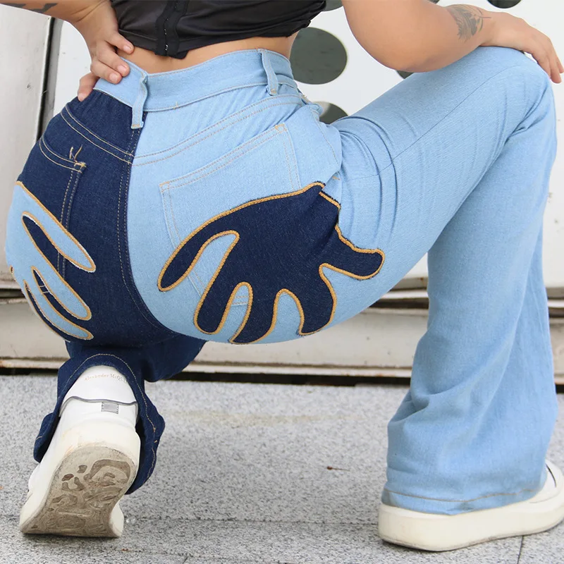 Women's Jeans New Fashion Personality Design Palm Contrast Panels Street Casual High Waisted Flared  Woman's Clothing Pants