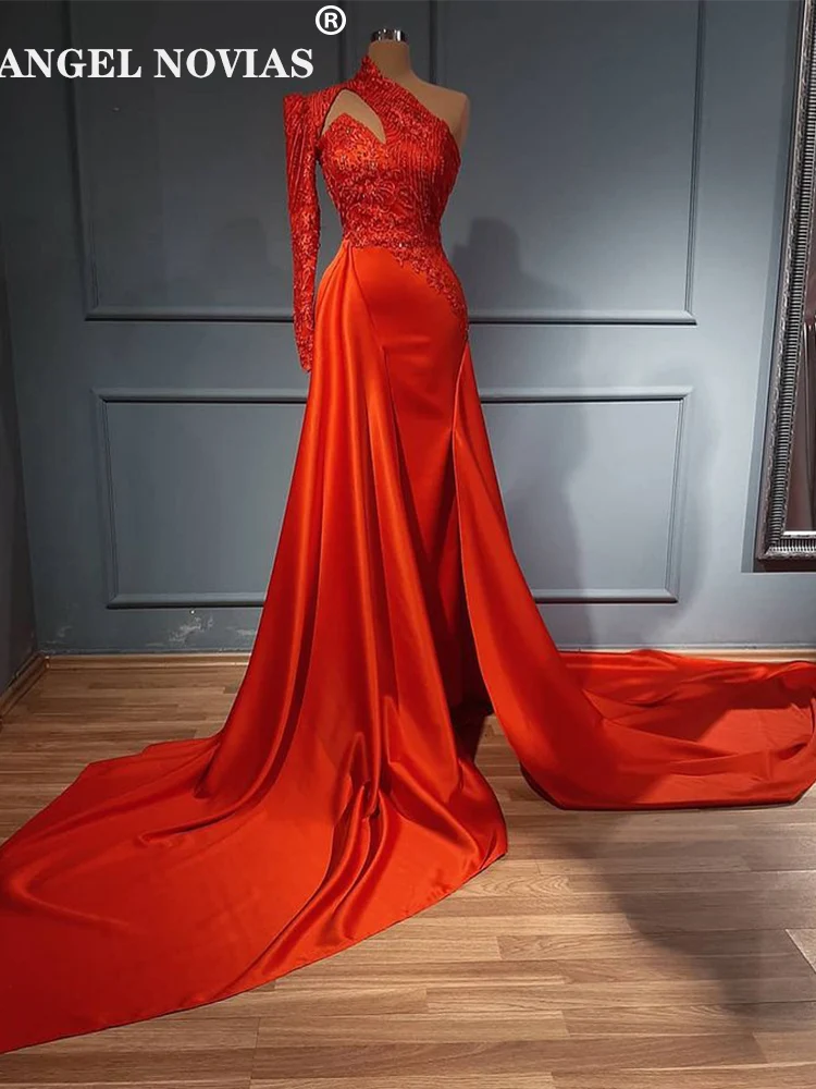 

Long Sleeves Red Satin Evening Dresses 2023 Arabic with Skirt Formal Vestidos De Mujer Elegantes Para Fiesta 2022