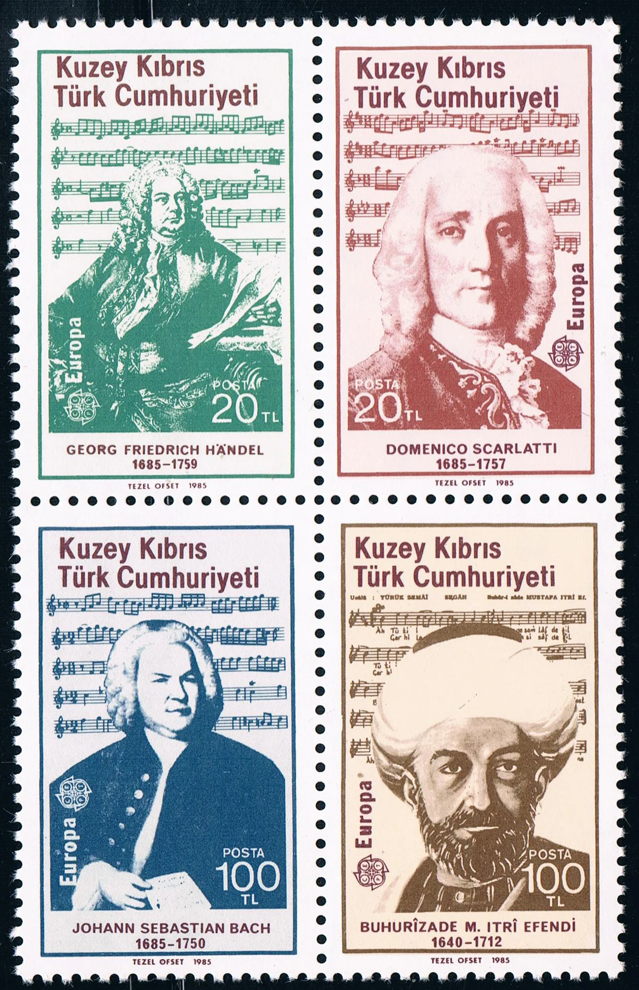

4Pcs/Set New Turkish Cyprus Post Stamp 1985 European Musician Bach Engraving Postage Stamps MNH