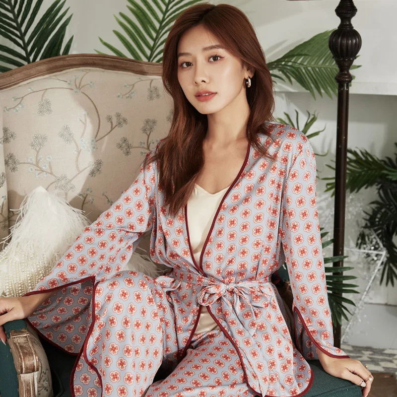 Women's Pajamas Sets Floral Pijama Ice Silk Female Pyjama Long Sleeve Kimono Robe Sling Pants 3PCS Sleepwear Suit Homewear