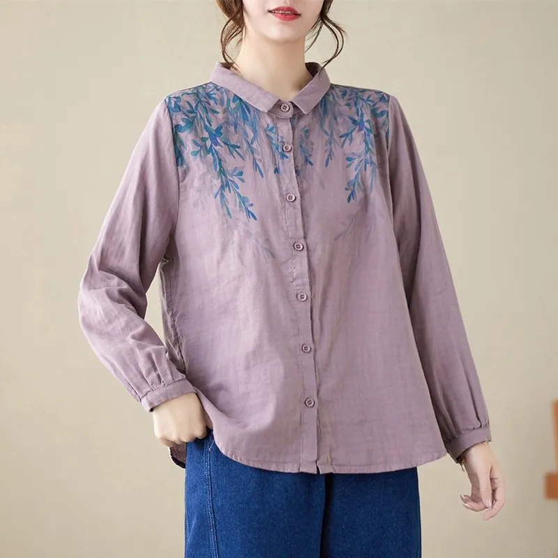 Блузка женская однобортная свободного кроя рубашка из хлопка и льна с винтажным