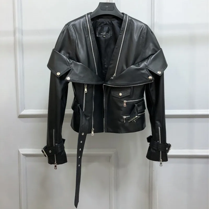 

Женская мотоциклетная куртка с поясом, черная короткая приталенная куртка из натуральной овечьей кожи, Байкерская верхняя одежда в стиле панк на молнии, 2023