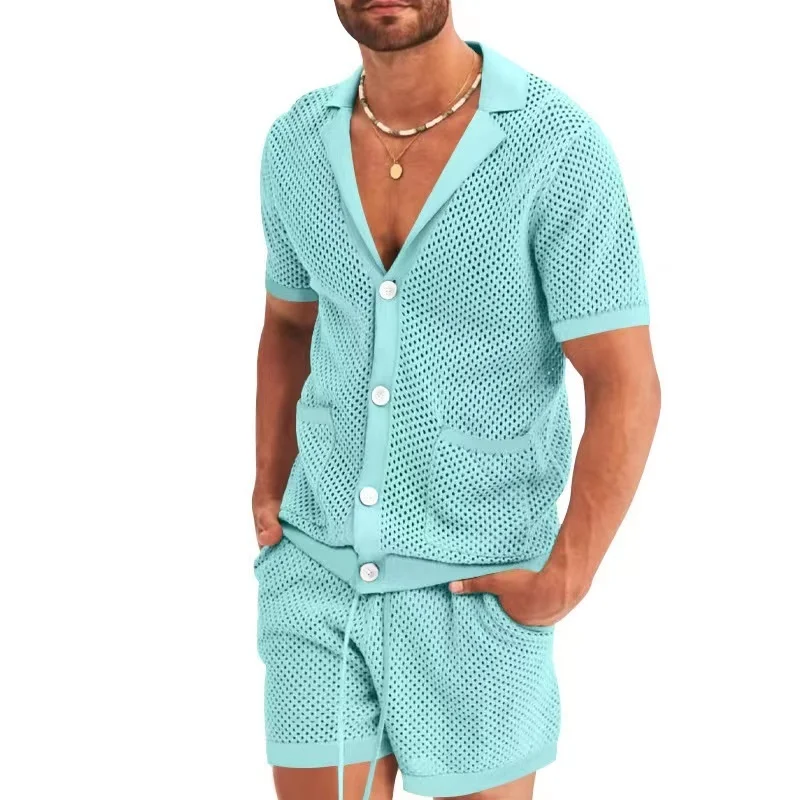 

New Men's Summer Sirt Suit Casual Breatable Solid Color Sort Sleeve Sirt Beac Sorts Fasion ollow Men Mes Set
