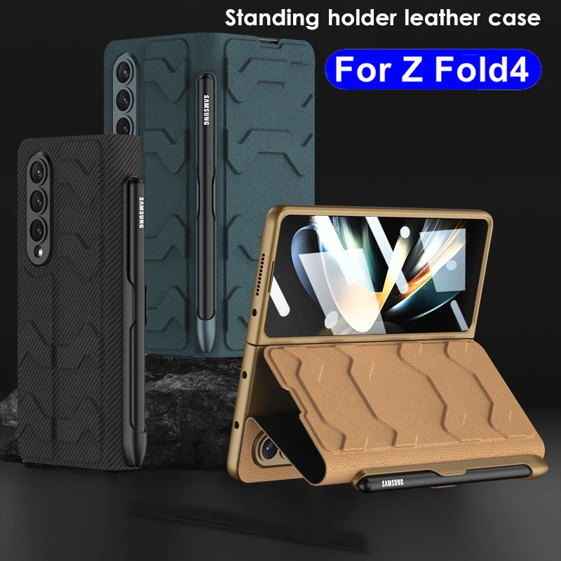 Leather Flip Cover for Samsung Galaxy Z Fold 4 Case With S Pen Slot Card Slot Front Glass Case 360 Full Protection ( NO S Pen)