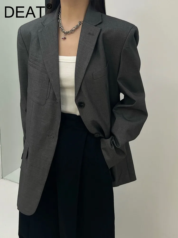 

DEAT Fashion Women's Blazer Notched Collar Single Breasted Long Sleeve Layered Fake Pockets Suit Jackets Autumn 2023 New 17A982H