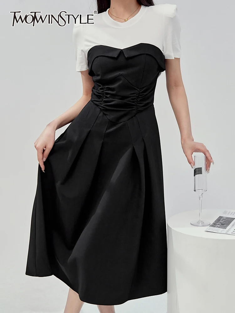 

TWOTWINSTYLE Hit Color Dresses For Women Round Neck Short Sleeve High Waist Tunic Slimming Temperament Dress Female Fashion 2023